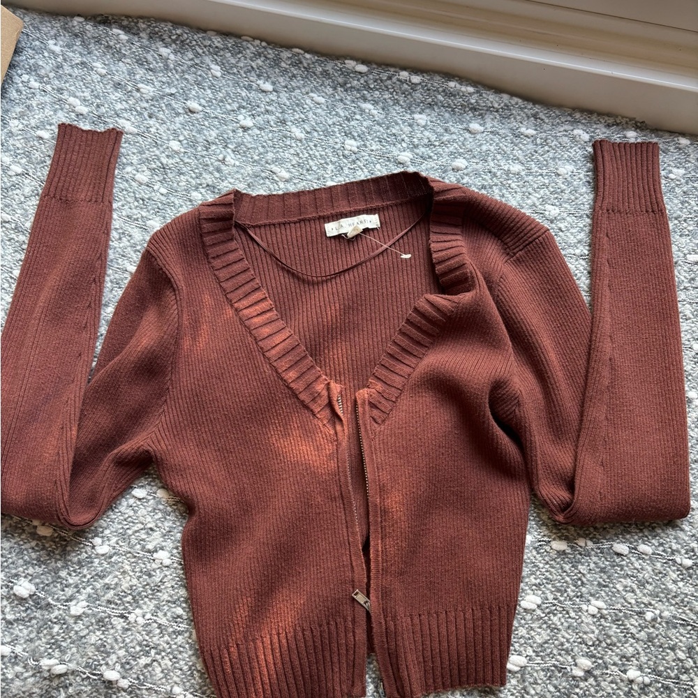 La Hearts Brown Cardigan Sweater Ribbed Knit